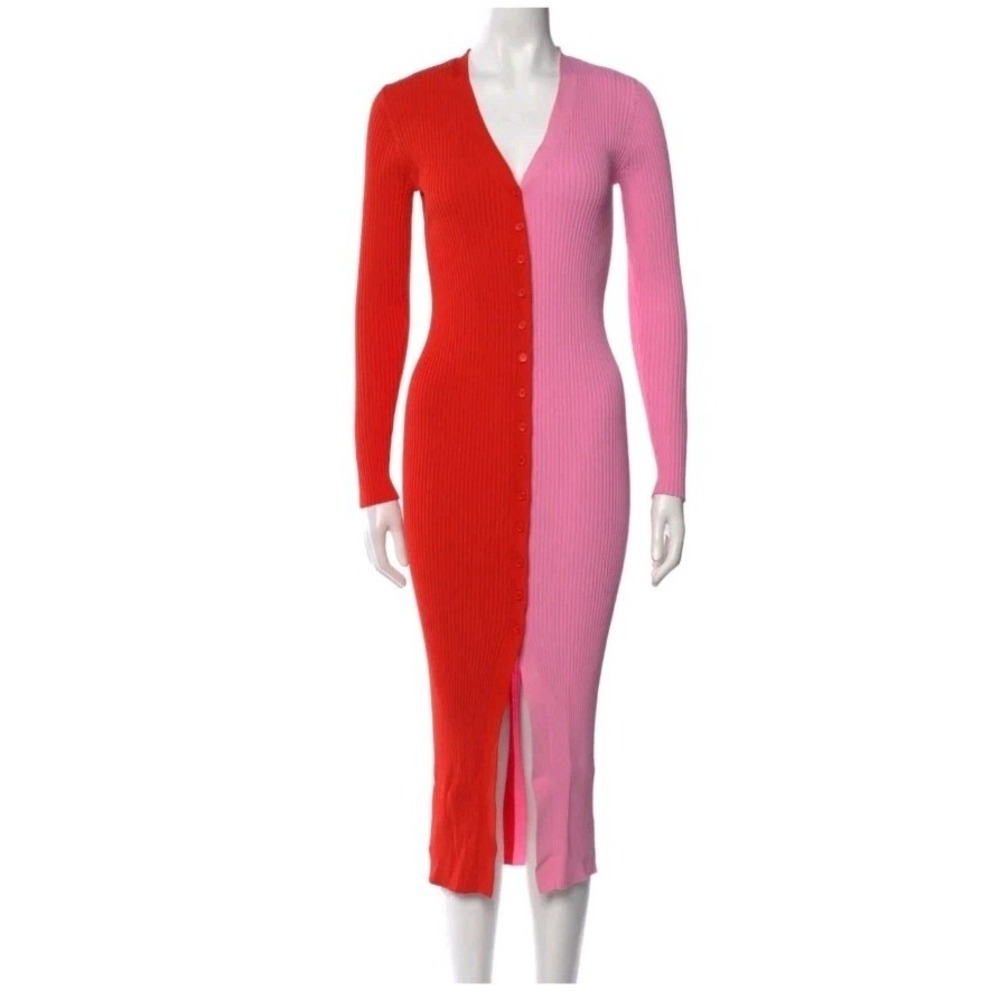 STAUD Shoko Pink Red  Colorblock‎ Ribbed Knit Buttondown Midi Sweater Dress S